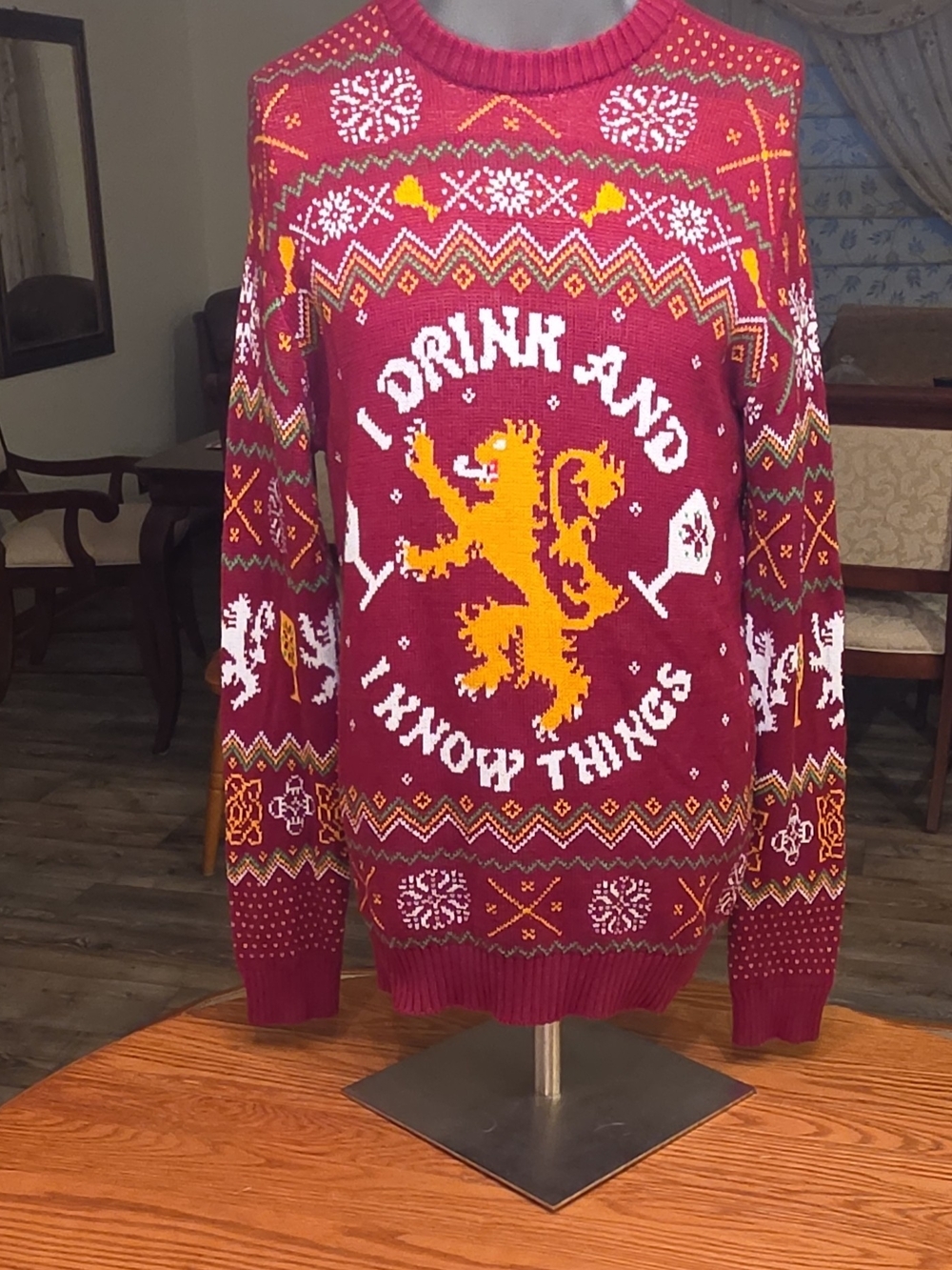 Game of Thrones Men's Burgundy Knit Pullover Sweater Crew "I Drink" M